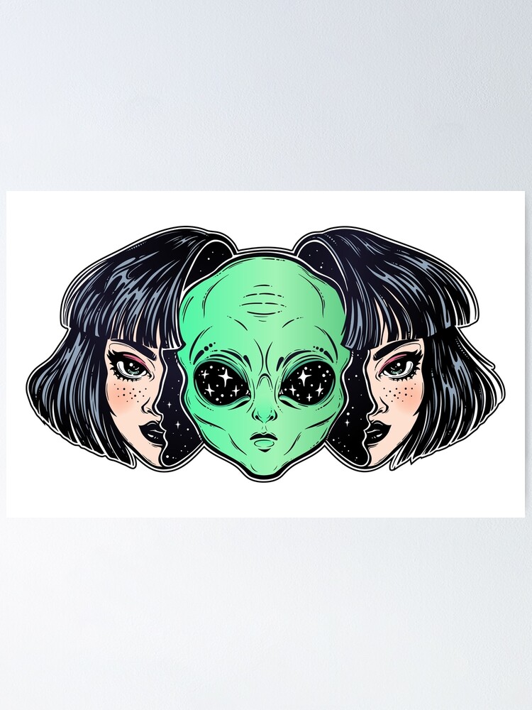 Alternate view of Colorful vibrant portrait of an alien from outer space face in disguise as human girl. Poster