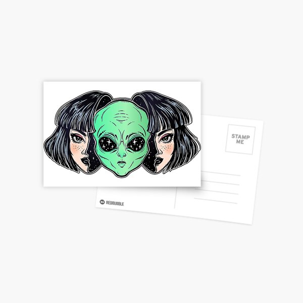 Colorful vibrant portrait of an alien from outer space face in disguise as human girl. Postcard