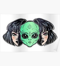 Colorful vibrant portrait of an alien from outer space face in disguise as human girl. Poster
