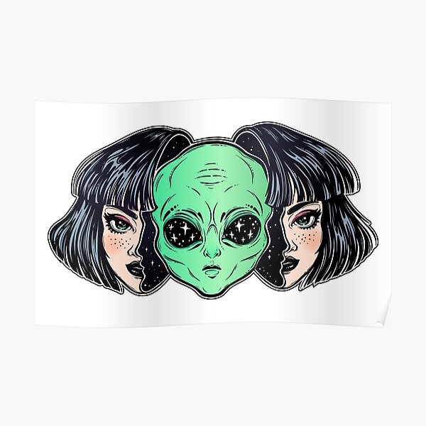 Colorful vibrant portrait of an alien from outer space face in disguise as human girl. Poster