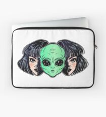 Colorful vibrant portrait of an alien from outer space face in disguise as human girl. Laptop Sleeve
