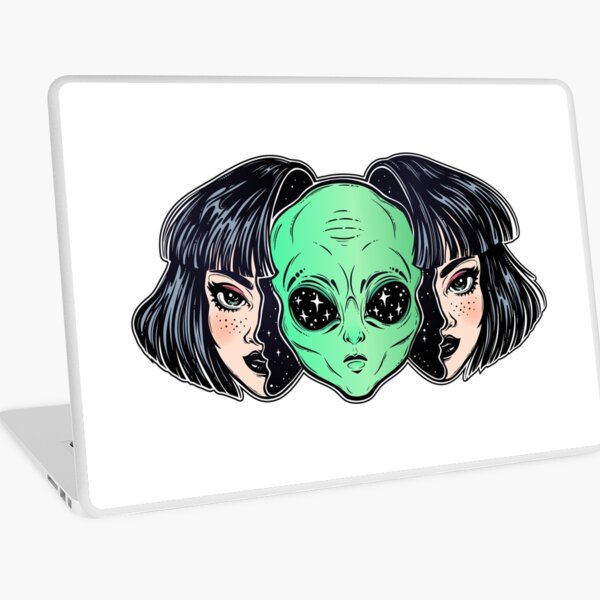 Colorful vibrant portrait of an alien from outer space face in disguise as human girl. Laptop Skin