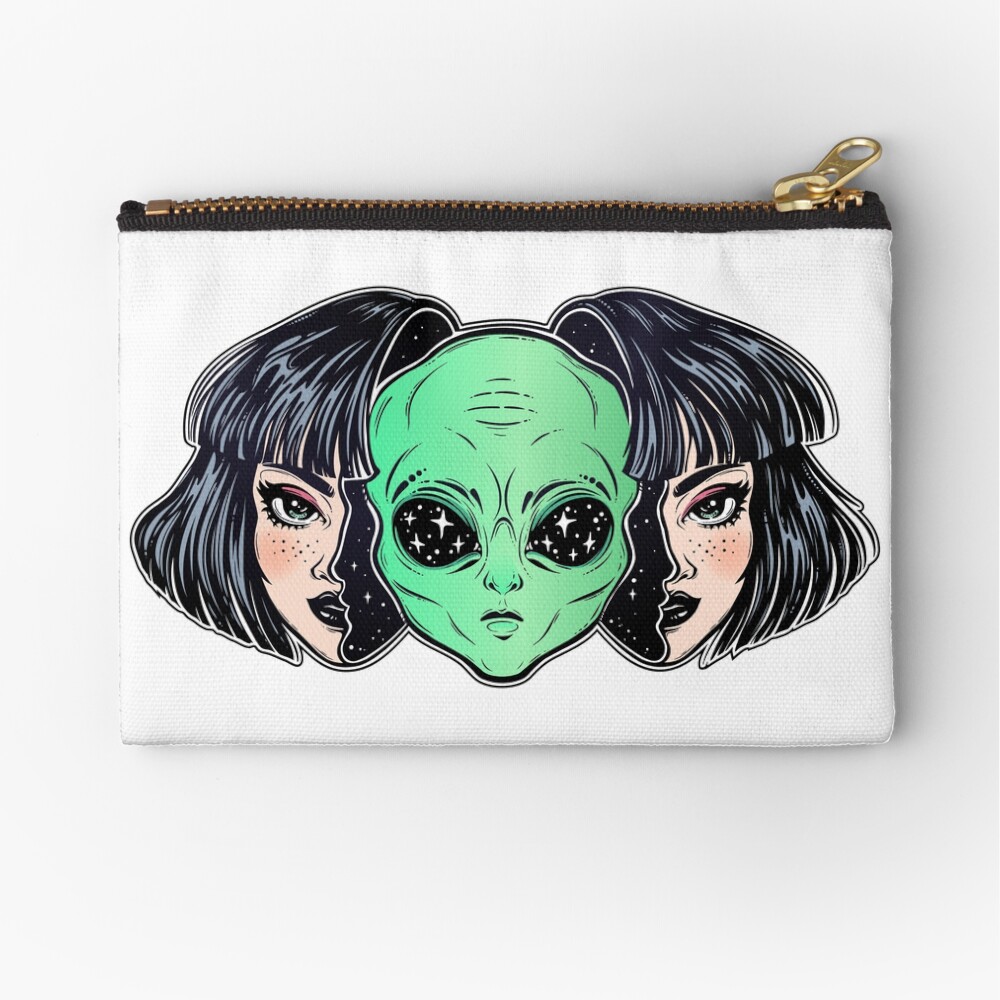 Colorful vibrant portrait of an alien from outer space face in disguise as human girl. Zipper Pouch