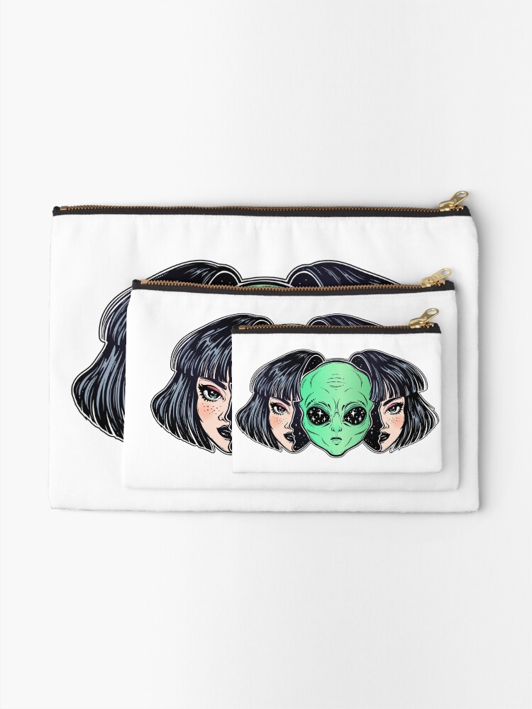 Alternate view of Colorful vibrant portrait of an alien from outer space face in disguise as human girl. Zipper Pouch