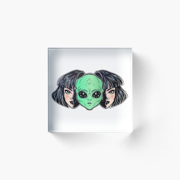 Colorful vibrant portrait of an alien from outer space face in disguise as human girl. Acrylic Block