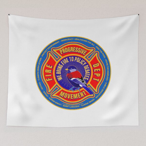 Item preview, PMD00602 Progressive Movement Designs blue funny progressive fire department badge shows you support progressive policy goals for progressive Democrats and Independents and Bernie Sanders supporters designed and sold by ProgressiveLeft.