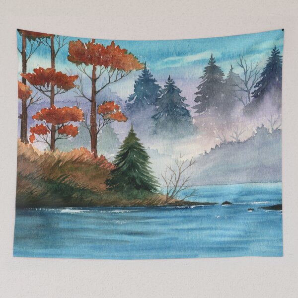 Item preview, Watercolor misty river with a small island designed and sold by MaryWatercolor.