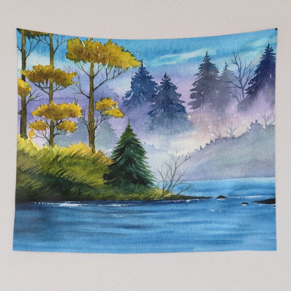 Item preview, Watercolor misty autumn river with a small island designed and sold by MaryWatercolor.