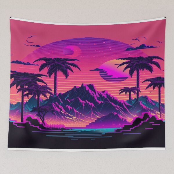 Item preview, Blue Ocean, Sunset and Palmtrees In Synthwave Style designed and sold by Unwind-Art-Work.