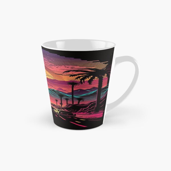 Aperçu de l'œuvre La route ouverte, le coucher du soleil et les palmiers dans le style Synthwave créée et vendue par Unwind-Art-Work.