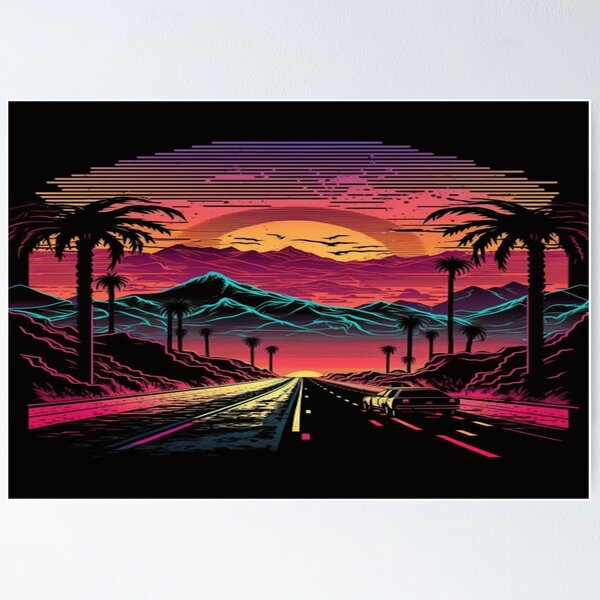 Item preview, The Open Road, Sunset and Palmtrees In Synthwave Style designed and sold by Unwind-Art-Work.