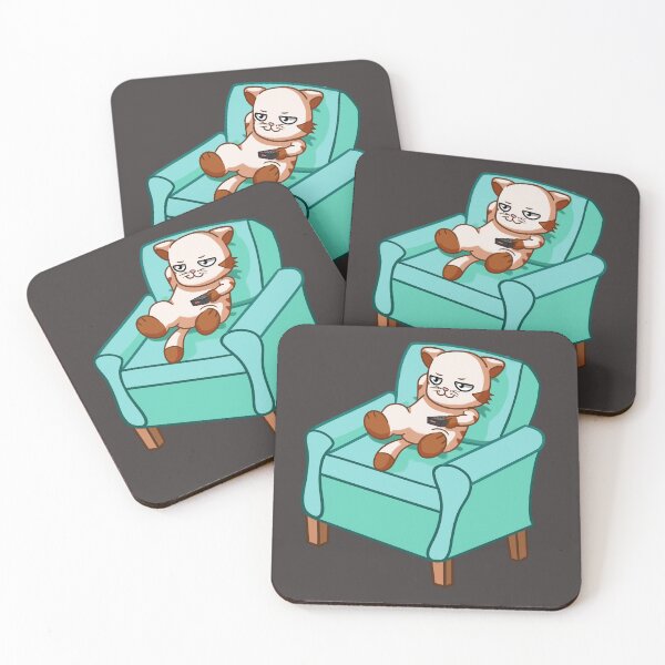 Item preview, cat sitting comfortably on the couch and ready to watch television in shades of brown and light blue, cartoon style. designed and sold by kitsuneins.