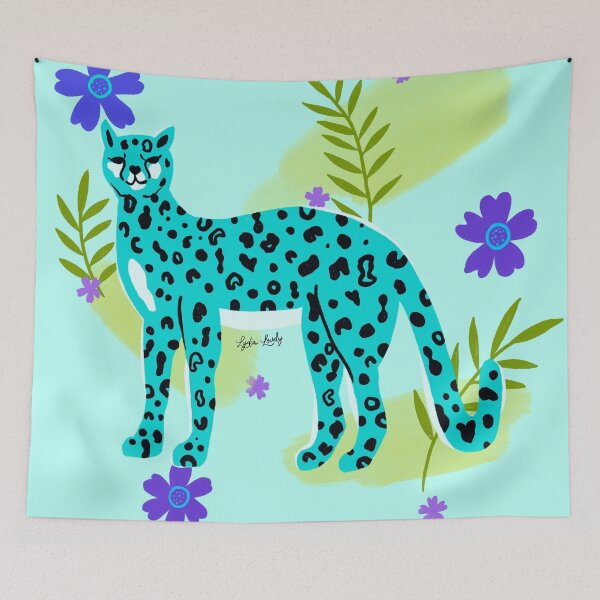 Aperçu de l'œuvre Standing jaguar art work teal- blue background créée et vendue par Studio Lydia Lovely.