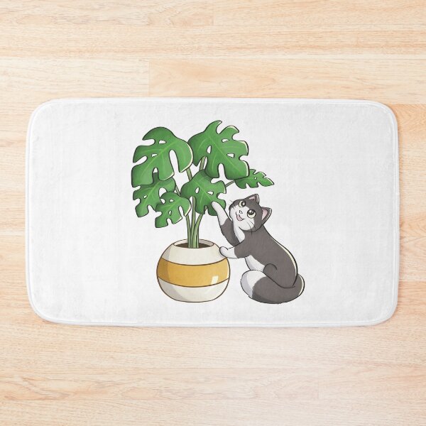 Cat Playing With Monstera Leaf Bath Mat