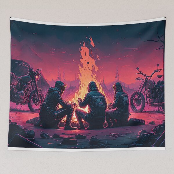 Item preview, bikers around firecamp with motorbikes synthwave designed and sold by artyficial-.