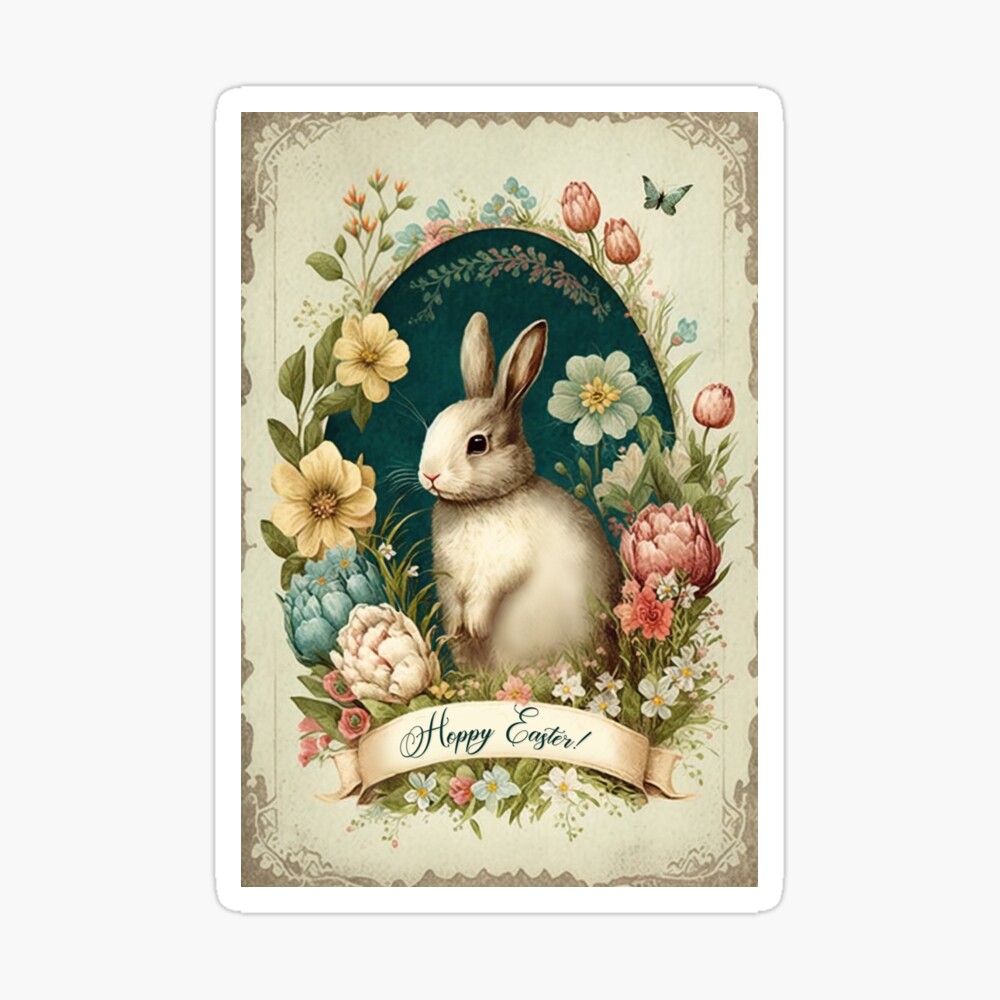 Hoppy Easter with Vintage Bunny and Floral Illustrations