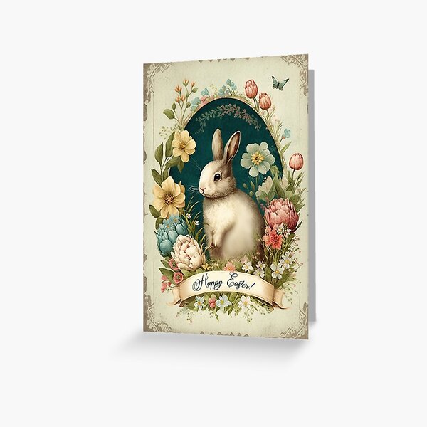 Item preview, Happy Easter, Bright Beige Easter Card with a Vintage Bunny designed and sold by EmeraldeaArt.