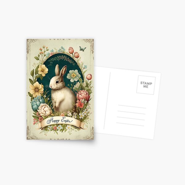 Item preview, Happy Easter, Bright Beige Easter Card with a Vintage Bunny designed and sold by EmeraldeaArt.