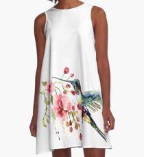 Kolibri und Blumen A-Linien Kleid