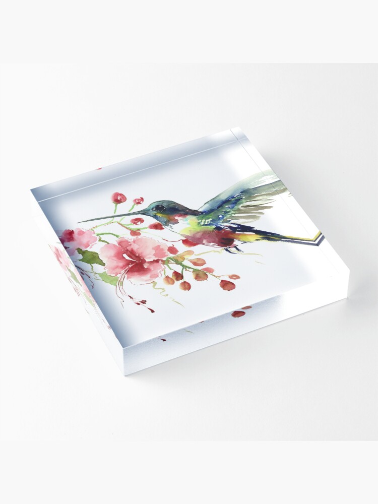 Alternate view of Hummingbird and Flowers Acrylic Block