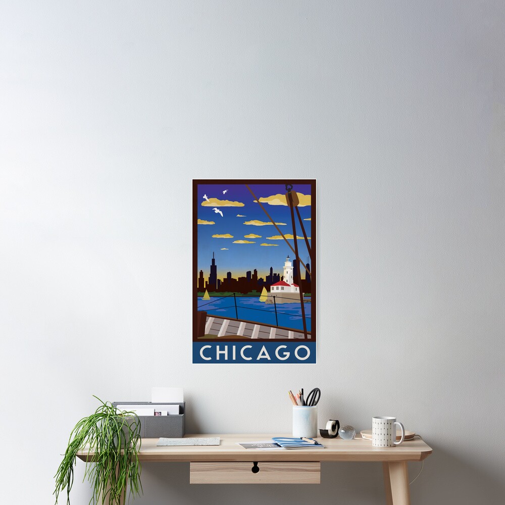 Chicago - Art Deco Retro Lake Michigan Travel Poster Poster