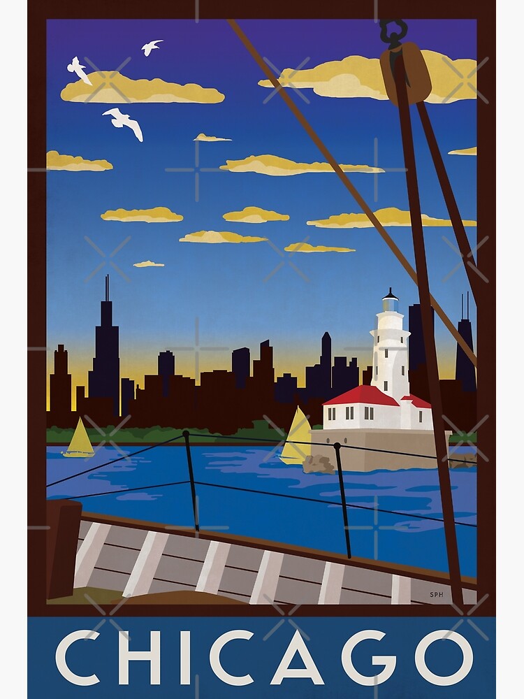 Chicago - Art Deco Retro Lake Michigan Travel Poster by forge22