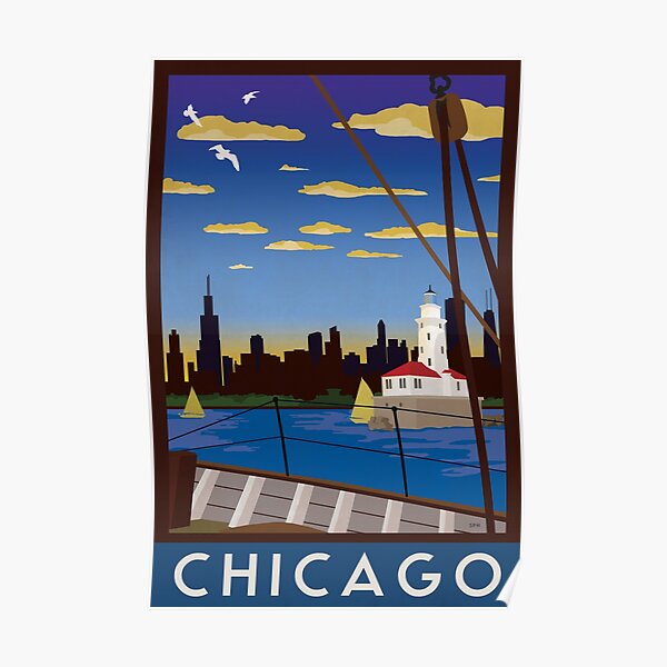 Chicago - Art Deco Retro Lake Michigan Travel Poster Poster