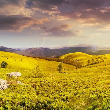 Artwork thumbnail, road on hillside meadow in mountain panorama at sunset by mike-pellinni