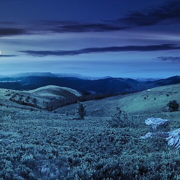 Artwork thumbnail, road on hillside meadow in mountain panorama at night by mike-pellinni