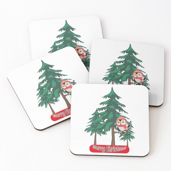 Item preview, Cute owl cartoon wearing a scarf and christmas hat on tree branches with phrase merry christmas and christmas tree design          designed and sold by VioletKetkity.
