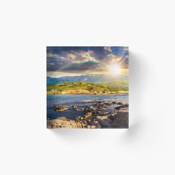 village near lake in mountains at sunset Acrylic Block