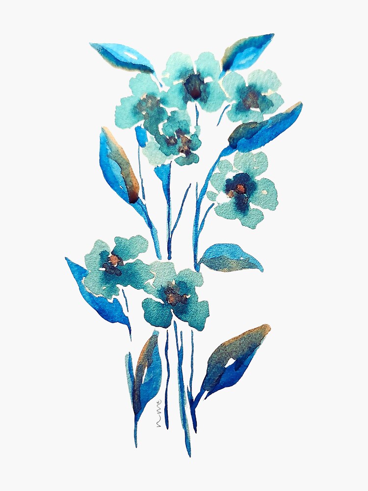 Watercolor Blue Toned with Orange Highlight Floral Stems  Sticker
