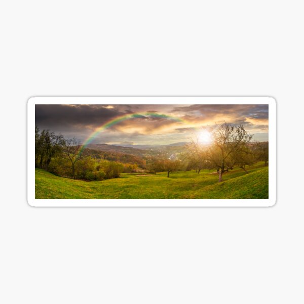 panorama of apple orchard on hillside at sunset Sticker