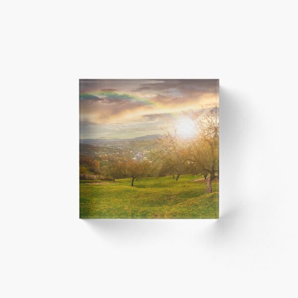 panorama of apple orchard on hillside at sunset Acrylic Block