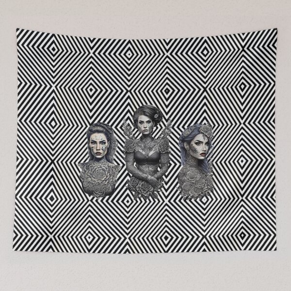 Item preview,  Triptych Tattoo Design Featuring Women with Cube Illusion Background  designed and sold by TatooIllusion.