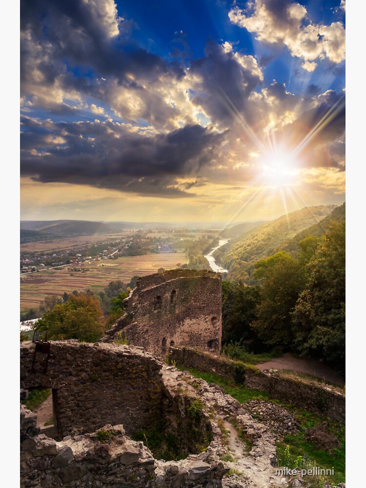 Thumbnail 3 of 3, Sticker, ruins of castle in mountain at sunset designed and sold by mike-pellinni.