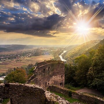 Artwork thumbnail, ruins of castle in mountain at sunset by mike-pellinni