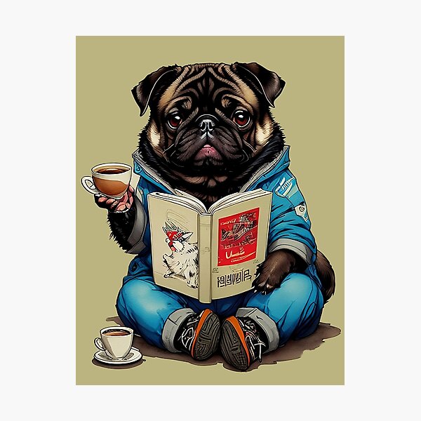 Item preview, Geeky Swag: Pug in Blue Hoodie with Coffee and Book designed and sold by Pawsitive Palette.