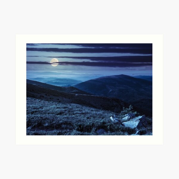 hillside with stones in high mountains at night Art Print