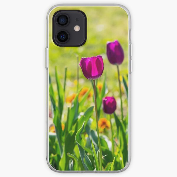 purple tulip on blurred background of grass iPhone Soft Case