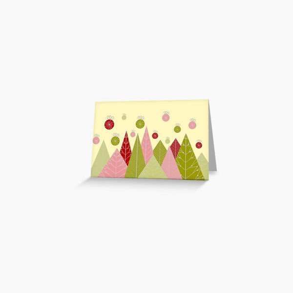 Ornaments and Trees Red Green and Pink Digital Christmas Illustration Greeting Card