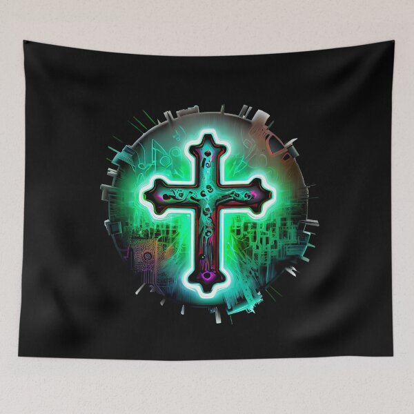 Item preview, Green Neon Digital Gothic Cross designed and sold by ShadowAndSlate.