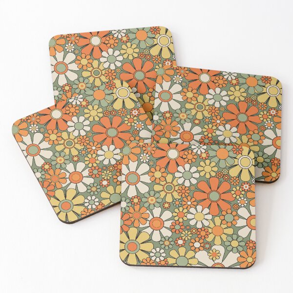 Item preview, Retro Garden Flowers 60s 70s Floral Pattern Mossy Sage Green Orange Yellow designed and sold by kierkegaard.