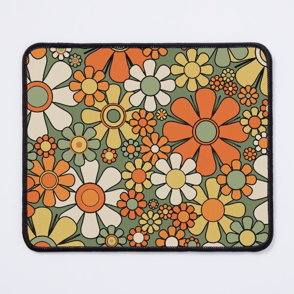 Item preview, Retro Garden Flowers 60s 70s Floral Pattern Mossy Sage Green Orange Yellow designed and sold by kierkegaard.