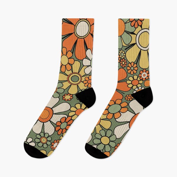 Item preview, Retro Garden Flowers 60s 70s Floral Pattern Mossy Sage Green Orange Yellow designed and sold by kierkegaard.