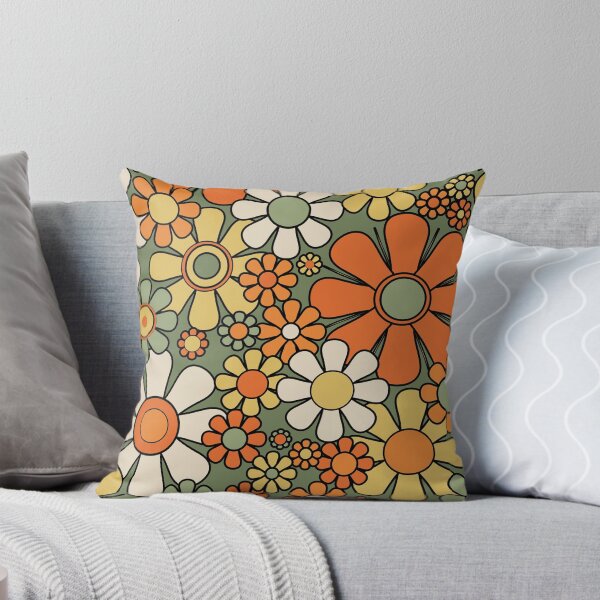 Aperçu de l'œuvre Fleurs de jardin rétro Années 60 Années 70 Motif floral Vert sauge moussu Orange Jaune créée et vendue par kierkegaard.
