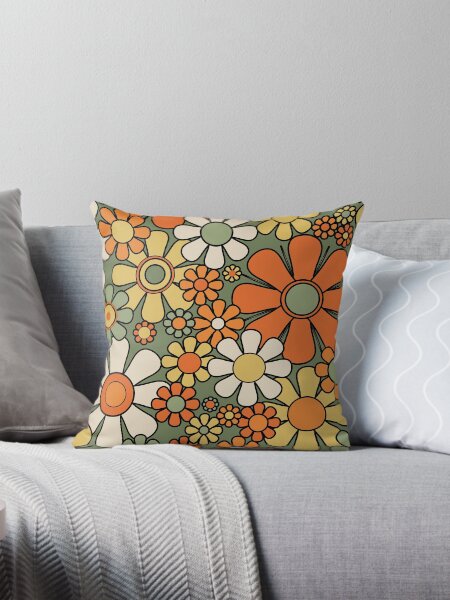 Item preview, Retro Garden Flowers 60s 70s Floral Pattern Mossy Sage Green Orange Yellow designed and sold by kierkegaard.