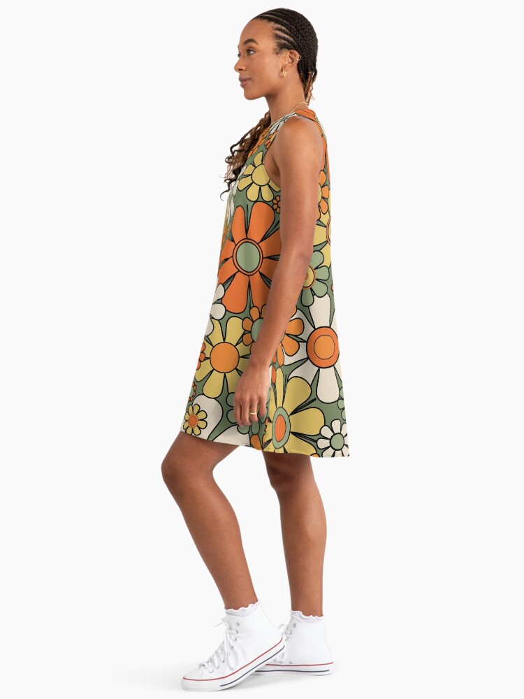 Retro Garden Flowers 60s 70s Floral Pattern Mossy Sage Green Orange Yellow"  A-Line Dress for Sale by kierkegaard | Redbubble