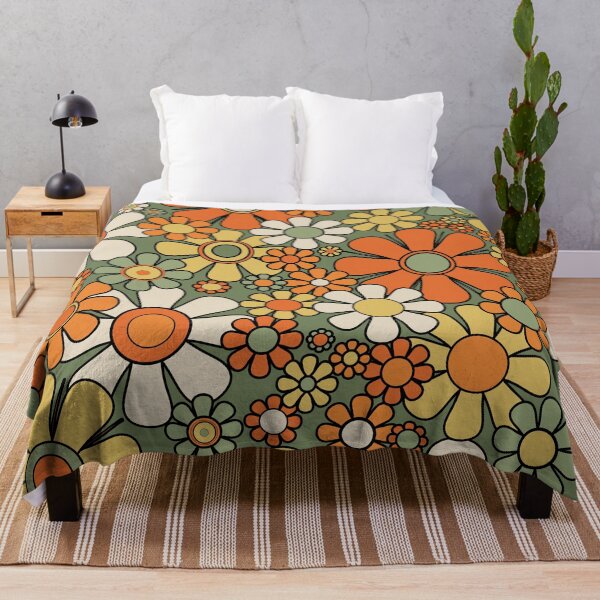 Item preview, Retro Garden Flowers 60s 70s Floral Pattern Mossy Sage Green Orange Yellow designed and sold by kierkegaard.