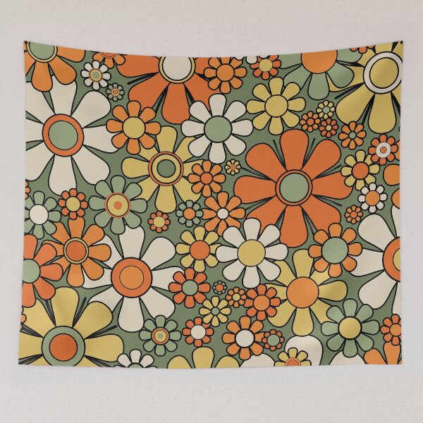 Item preview, Retro Garden Flowers 60s 70s Floral Pattern Mossy Sage Green Orange Yellow designed and sold by kierkegaard.